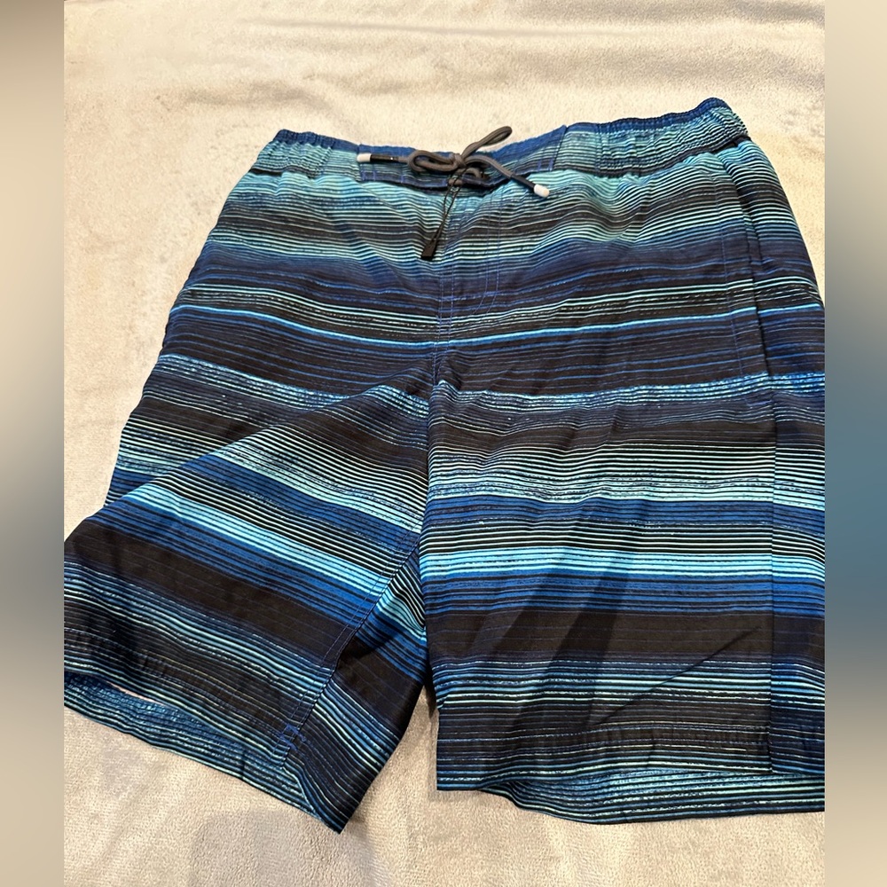 RIPZONE Boys Size MEDIUM Black & Blue Striped Board Shorts Swimming Trunks